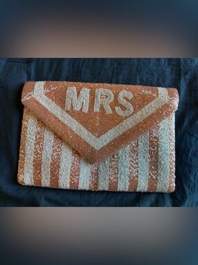 Beaded 'MRS' Envelope Clutch in Blush Pink and White - *minor flaw*